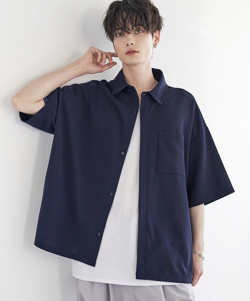 【未使用】【2枚まとめて】半袖シャツ  ネイビー　紺　Ｌ　比翼ボタン　比翼仕立て　フロント・フライ　front fly　清潔感 レギュラーカラー　カジュアルシャツ SITRY（シトリー） シャツ Polyester twill Fly front shirt/別注