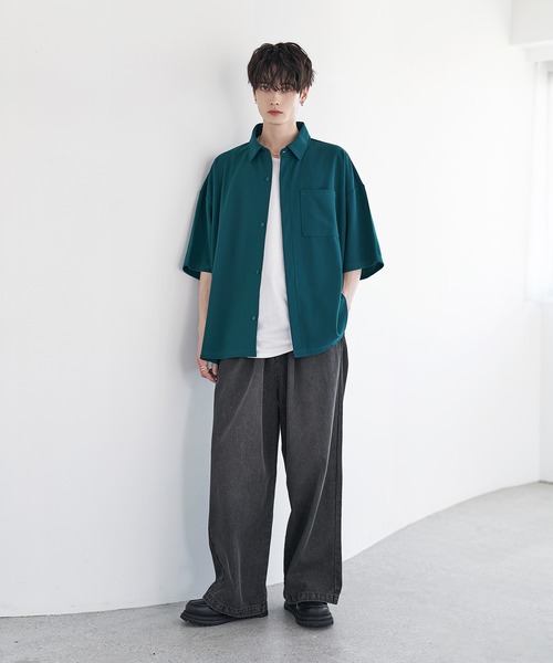 【未使用】【2枚まとめて】半袖シャツ  ネイビー　紺　Ｌ　比翼ボタン　比翼仕立て　フロント・フライ　front fly　清潔感 レギュラーカラー　カジュアルシャツ SITRY（シトリー） シャツ Polyester twill Fly front shirt/別注