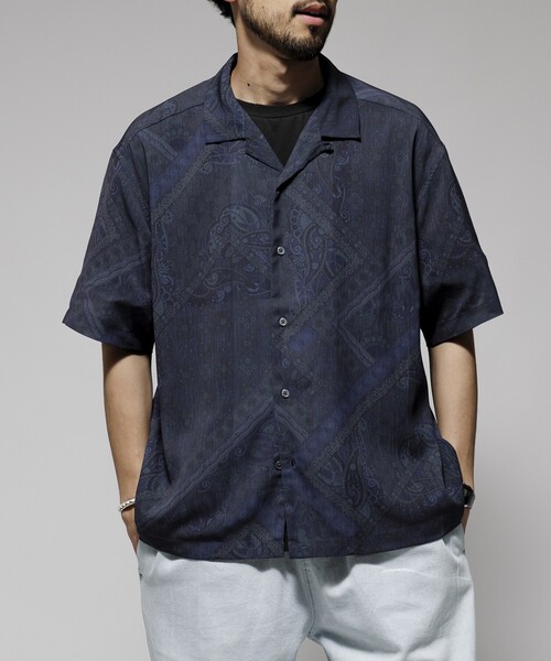 Firsthand/ファーストハンド オーバーサイズ ライトメッシュ オープンカラーシャツ / シアー 柄シャツ / ペイズリーシャツ /イージーケア