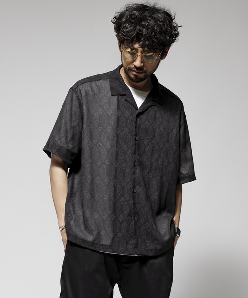 Firsthand（ファーストハンド）の「Firsthand/ファーストハンド オーバーサイズ ライトメッシュ オープンカラーシャツ / シアー 柄シャツ / ペイズリーシャツ /イージーケア（シャツ/ブラウス・メンズ・ブラック/ネイビー・M/L）」の5枚目の写真