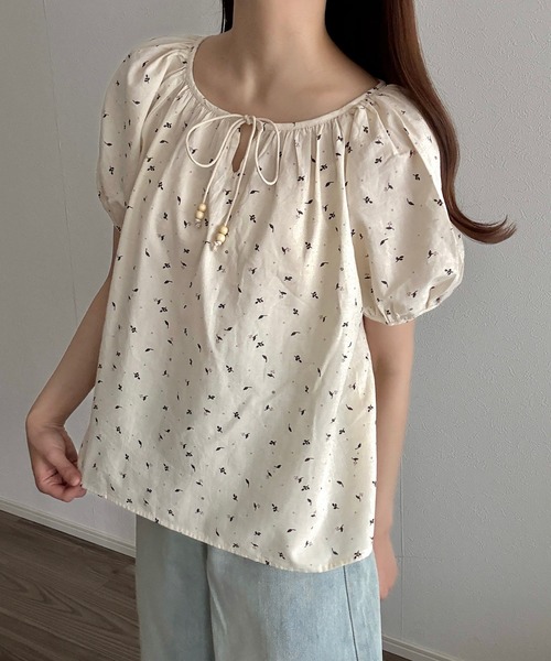 美品☆MUVEIL 花柄 ボリュームスリーブ フリルカラー ブラウスΩ