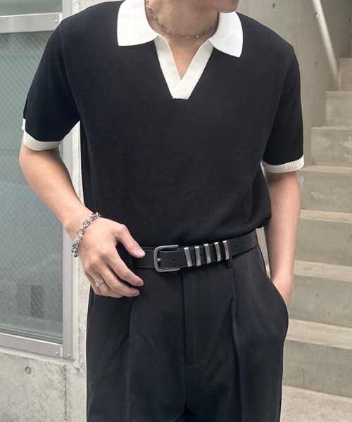 Otte(オッテ)の「コリアンバイカラーポロトップス(シャツ/ブラウス・メンズ・ブラック/ホワイト・LARGE/MEDIUM)」の1枚目の写真