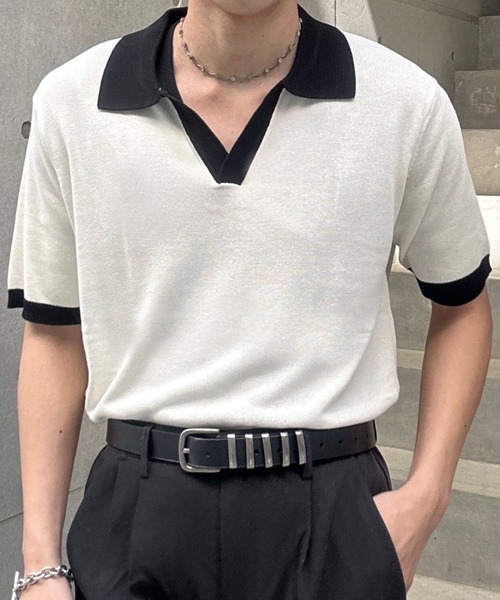 Otte(オッテ)の「コリアンバイカラーポロトップス(シャツ/ブラウス・メンズ・ブラック/ホワイト・LARGE/MEDIUM)」の4枚目の写真