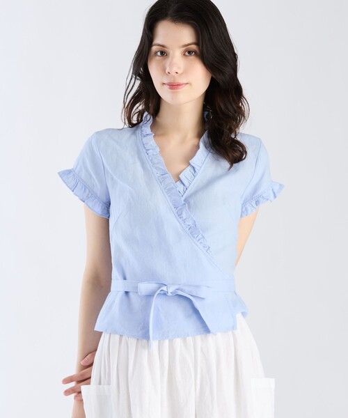 agnes b.(アニエスベー)の「リネン フリル 半袖 カシュクールブラウス(シャツ/ブラウス・レディース・ブルー系その他・36/38)」の2枚目の写真