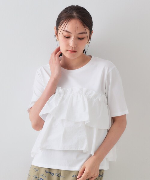 OPAQUE.CLIP（オペークドットクリップ）の「◆ダブルフリルデザイントップス【洗濯機洗い可】（Tシャツ/カットソー・レディース・ネイビー/ホワイト/ブラック・38/42/40）」の4枚目の写真