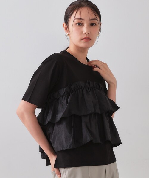 OPAQUE.CLIP（オペークドットクリップ）の「◆ダブルフリルデザイントップス【洗濯機洗い可】（Tシャツ/カットソー・レディース・ネイビー/ホワイト/ブラック・38/42/40）」の8枚目の写真
