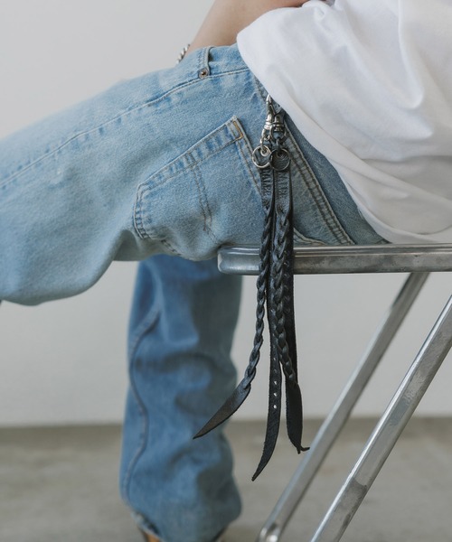 CALEE/キャリー STUDS&KNITTING LEATHER LONG KEY RING