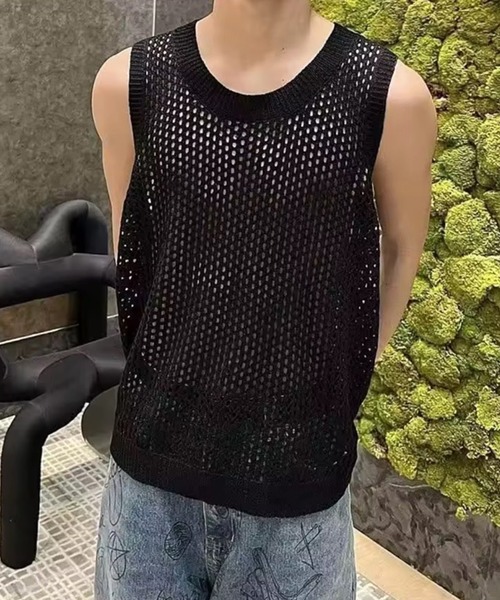 STYLE NUMBER（スタイルナンバー）の「【 STYLE NUMBER / スタイルナンバー  】 サマー ニット メッシュ ノースリーブ（タンクトップ・メンズ・ホワイト/ブラック・FREE）」の4枚目の写真