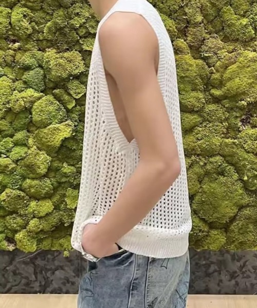 STYLE NUMBER（スタイルナンバー）の「【 STYLE NUMBER / スタイルナンバー  】 サマー ニット メッシュ ノースリーブ（タンクトップ・メンズ・ホワイト/ブラック・FREE）」の5枚目の写真