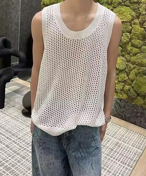 STYLE NUMBER（スタイルナンバー）の「【 STYLE NUMBER / スタイルナンバー  】 サマー ニット メッシュ ノースリーブ（タンクトップ・メンズ・ホワイト/ブラック・FREE）」の6枚目の写真