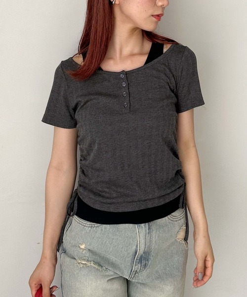 archives（アルシーヴ）の「レイヤード針抜きヘンリーＴＯＰＳ（Tシャツ/カットソー・レディース・ネイビー/イエロー/チャコールグレー・MEDIUM）」の2枚目の写真