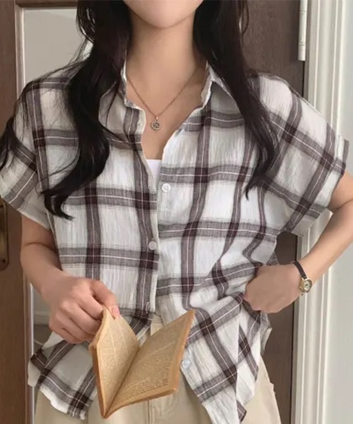 IRENE 半袖チェック柄シャツ 半袖襟付きチェック柄シャツ（シャツ/ブラウス）｜Aelina