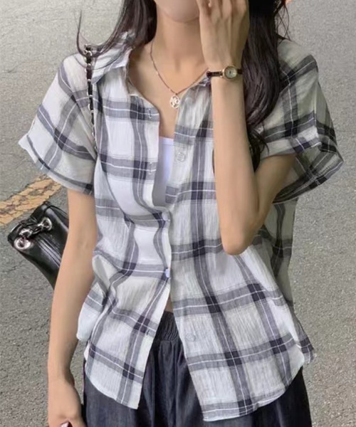 IRENE 半袖チェック柄シャツ 半袖襟付きチェック柄シャツ(シャツ/ブラウス)|Aelina