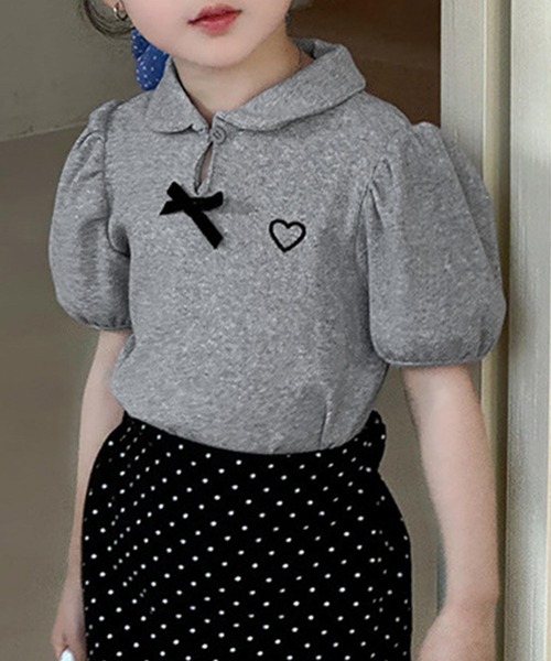aimoha（アイモハ）の「【-aimoha-KIDS-】キッズ　リボン付きパフスリーブポロシャツ (SS)（ポロシャツ・キッズ・オフホワイト/グレー・110/100/90/140/130/120）」の2枚目の写真