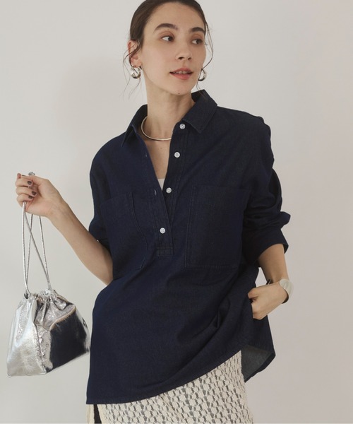 ANGIE(アンジー)の「襟が選べる デニム プルオーバー シャツ(バンドカラー/レギュラー)(シャツ/ブラウス・レディース・ネイビー系1/ブルー/ネイビー/ブルー系1・FREE)」の3枚目の写真