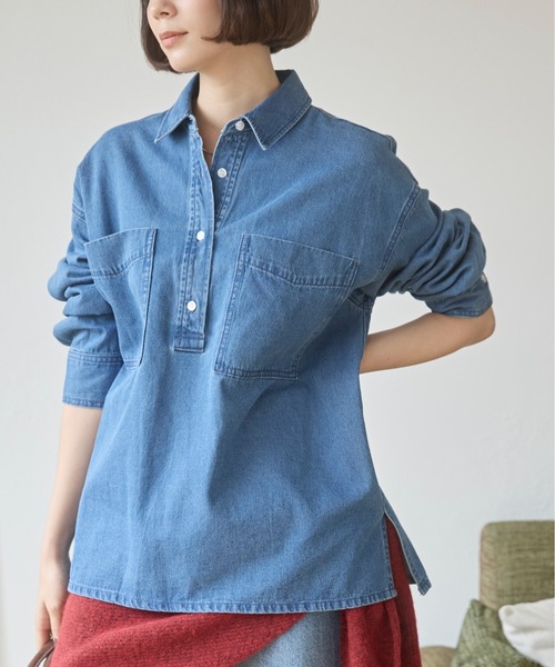 ANGIE(アンジー)の「襟が選べる デニム プルオーバー シャツ(バンドカラー/レギュラー)(シャツ/ブラウス・レディース・ネイビー系1/ブルー/ネイビー/ブルー系1・FREE)」の9枚目の写真