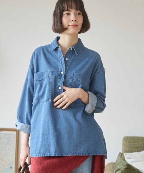 ANGIE(アンジー)の「襟が選べる デニム プルオーバー シャツ(バンドカラー/レギュラー)(シャツ/ブラウス・レディース・ネイビー系1/ブルー/ネイビー/ブルー系1・FREE)」の11枚目の写真