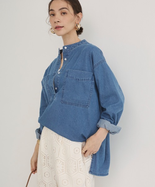 ANGIE(アンジー)の「襟が選べる デニム プルオーバー シャツ(バンドカラー/レギュラー)(シャツ/ブラウス・レディース・ネイビー系1/ブルー/ネイビー/ブルー系1・FREE)」の12枚目の写真