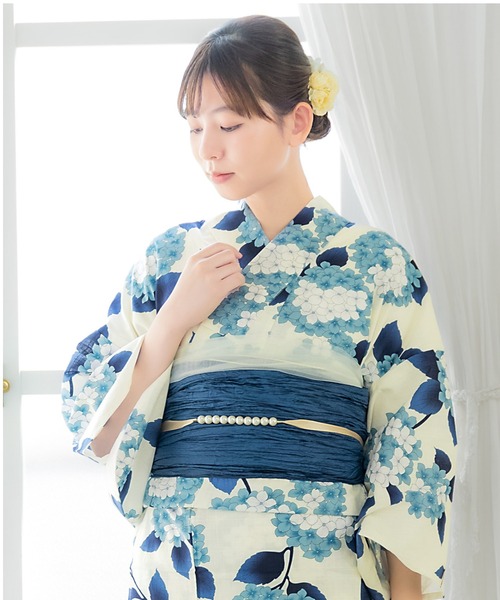【麗しのふだんキモノ＊】奥州小紋風の浴衣　ベージュ×青　スモールサイズ　綿 kimono cafe 浴衣 上質 綿麻 セット レディース 浴衣+帯 2点