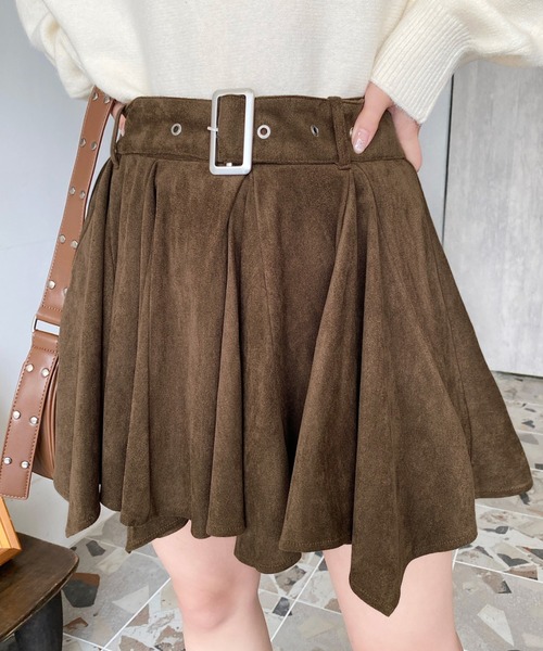 セール】ベルト付きアシメヘムタックプリーツスエードミニスカート