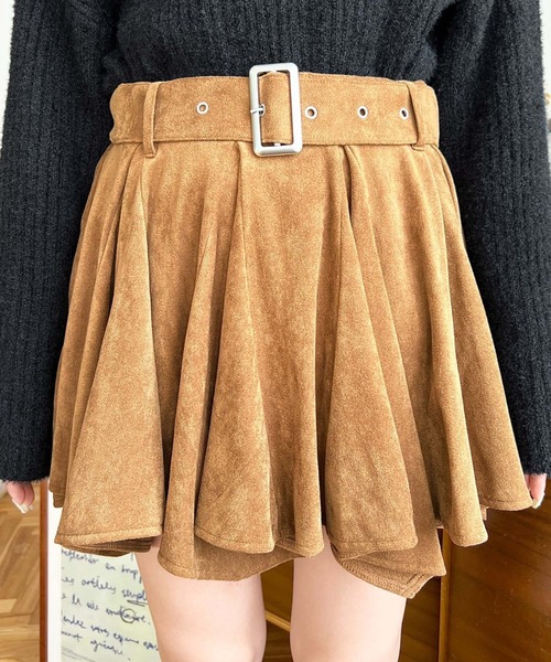エムミーエメHigh waist belt pleated mini skirt セール】ベルト付きアシメヘムタックプリーツスエードミニスカート