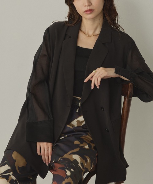 hunch（ハンチ）の「ポリツイル シアーテーラードジャケット（テーラードジャケット・レディース・ダークブラウン/ブラック/カーキ・FREE）」の2枚目の写真