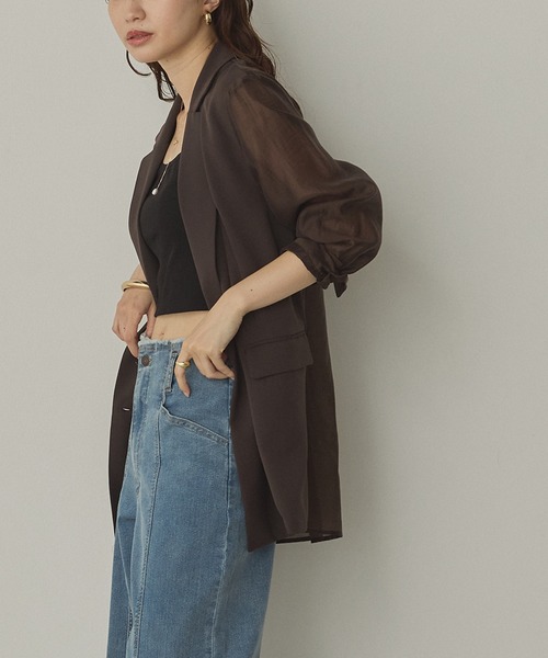 hunch（ハンチ）の「ポリツイル シアーテーラードジャケット（テーラードジャケット・レディース・ダークブラウン/ブラック/カーキ・FREE）」の14枚目の写真