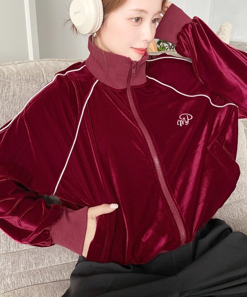 セール】ワンポイント刺繍配色ラインベロアトラックジャケット