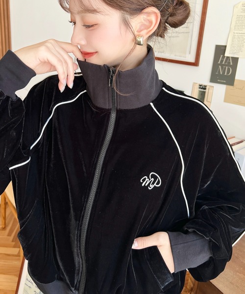 セール】ワンポイント刺繍配色ラインベロアトラックジャケット