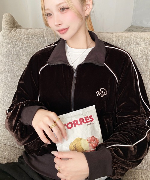 セール】ワンポイント刺繍配色ラインベロアトラックジャケット