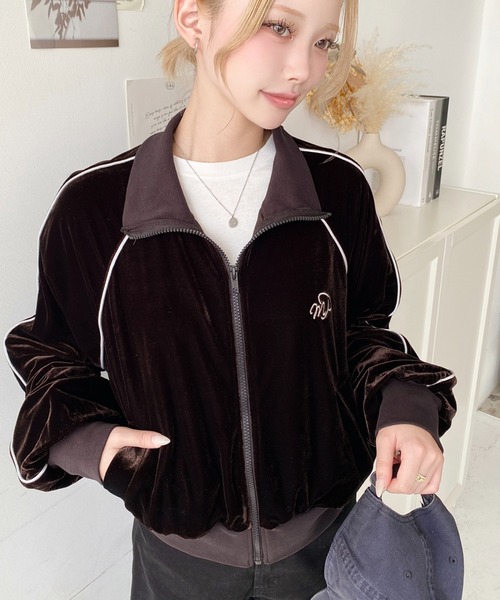 セール】ワンポイント刺繍配色ラインベロアトラックジャケット