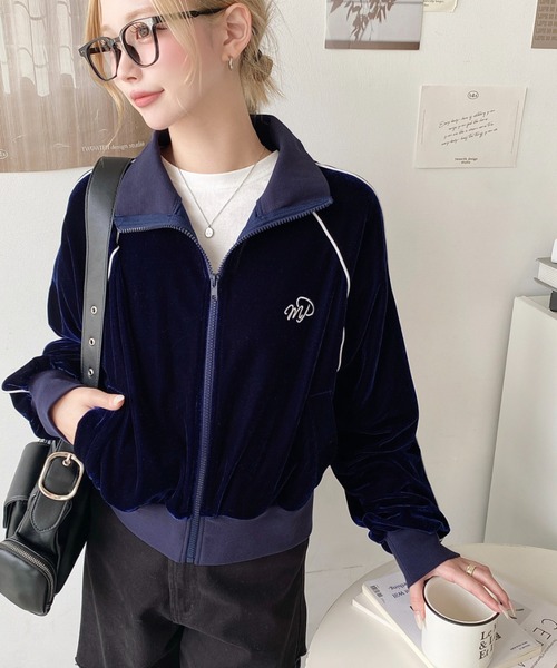 セール】ワンポイント刺繍配色ラインベロアトラックジャケット