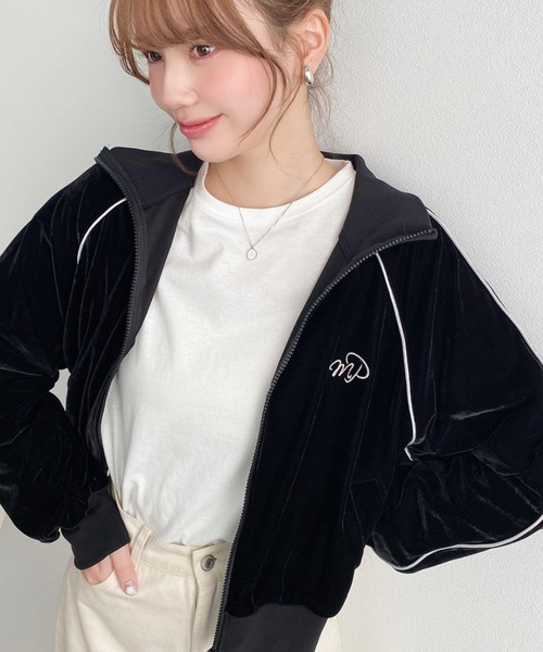 セール】ワンポイント刺繍配色ラインベロアトラックジャケット