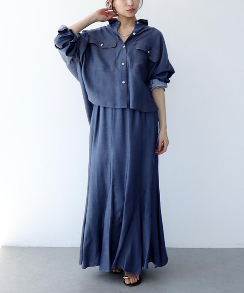 Jines(ジネス)の「キュプラデニムショートシャツ【セットアップ可】(シャツ/ブラウス・レディース・ブルー/インディゴブルー・38)」の9枚目の写真