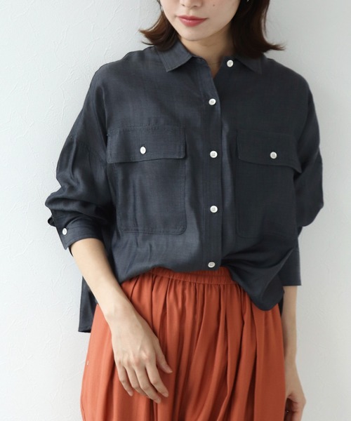 Jines(ジネス)の「キュプラデニムショートシャツ【セットアップ可】(シャツ/ブラウス・レディース・ブルー/インディゴブルー・38)」の8枚目の写真