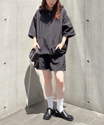 ISOOK | 【ISOOK / アイスー】ナイロンパーカーセットアップ / アノラックパーカー 半袖パーカー フード付き フーディ ジップアップ ハーフジップ ショートパンツ ドロスト ドローコード 2点セット 無地 ベージュ ブラック 黒 ZOZOTOWN限定(セットアップ)
