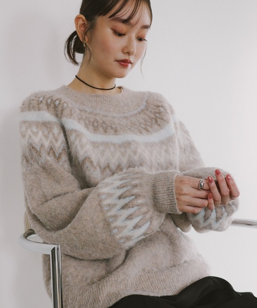 Freesia by andme(フリージアバイアンドミー)の「ノルディック柄長袖ニットトップス(ニット/セーター・レディース・ベージュ/オフホワイト/グレー・M)」の1枚目の写真