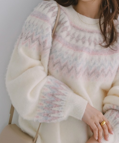 Freesia by andme(フリージアバイアンドミー)の「ノルディック柄長袖ニットトップス(ニット/セーター・レディース・ベージュ/オフホワイト/グレー・M)」の2枚目の写真