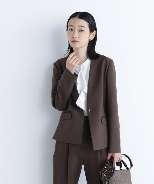 ◇ウーステッドライクツイル SETUP ノーカラージャケット（ノーカラー