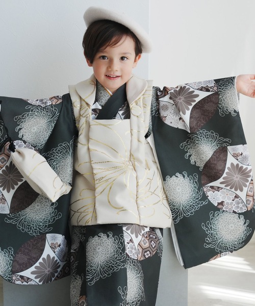未着用‼️utatane 被布コートセット ひよこ商店 ベージュ金彩×ネイビー七宝 utatane 着物 七五三3歳用被布コートセット 男の子 ひよこ商店