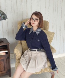 チェック襟付きワンポイント刺繍ニット