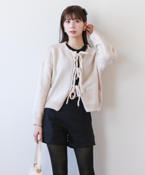 gossip!ロサンゼルス(ゴシップロサンゼルス)の「フロントストリング リラクシーカーディガン(カーディガン/ボレロ・レディース・グレー/ピンク/アイボリー/ブラック・FREE)」の6枚目の写真