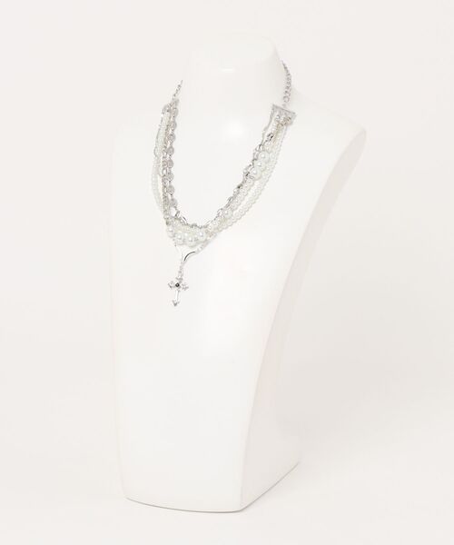 Bz】クロスモチーフ アクリルパールチェーンミックス4連ネックレス（MA