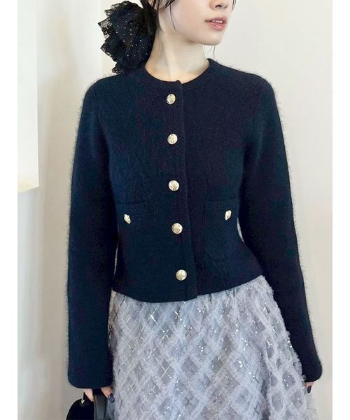 WEB限定カラー】金釦フォックスニットジャケット（ノーカラー