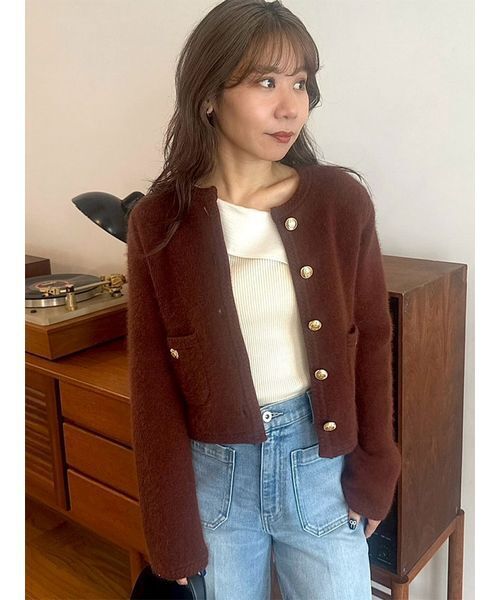 WEB限定カラー】金釦フォックスニットジャケット（ノーカラー