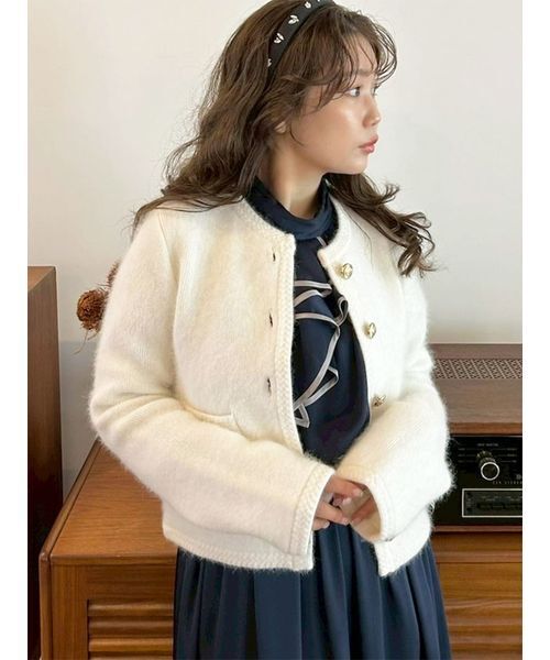 WEB限定カラー】金釦フォックスニットジャケット（ノーカラー