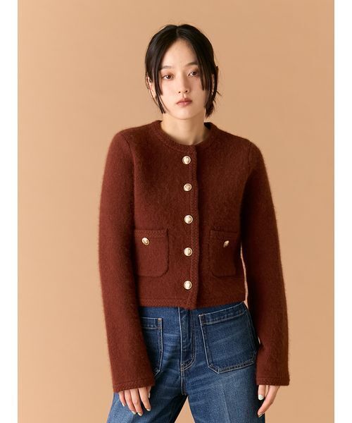 WEB限定カラー】金釦フォックスニットジャケット（ノーカラー