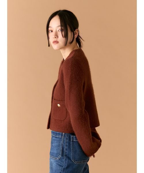 WEB限定カラー】金釦フォックスニットジャケット（ノーカラー