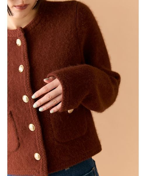 WEB限定カラー】金釦フォックスニットジャケット（ノーカラー