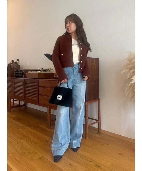 WEB限定カラー】金釦フォックスニットジャケット（ノーカラー